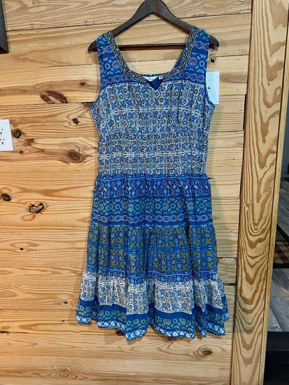 Mlle Gabrielle Blue Floral Midi Smocked Tiered Beaded Boho Peasant‎ Dress 2X